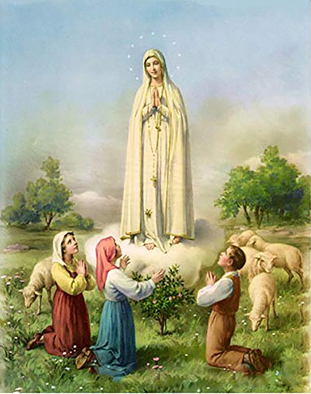 Blessed Virgin Mary appearing to Lucia, Francisco, and Jacinta at Fatima, Portugal.