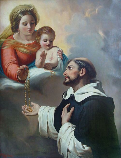 St. Dominic of Guzmán receiving rosary from the Blessed Virgin Mary.