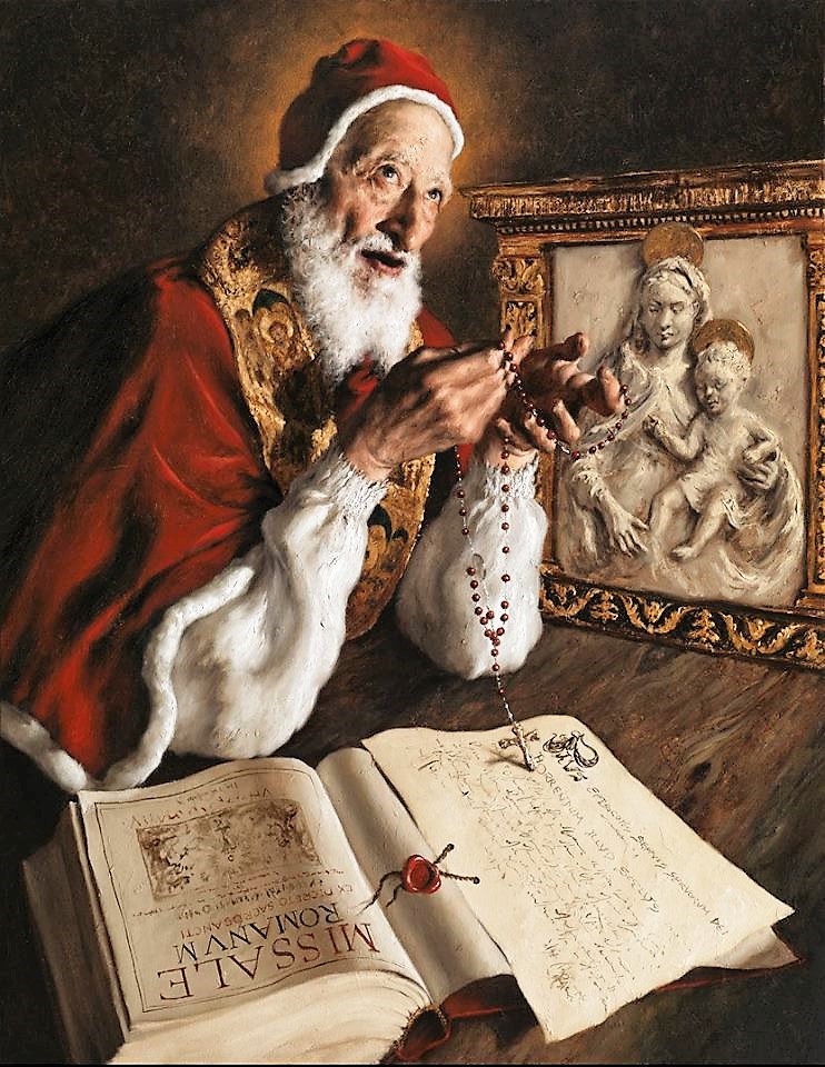 Painting of Pope Pius V praying rosary.